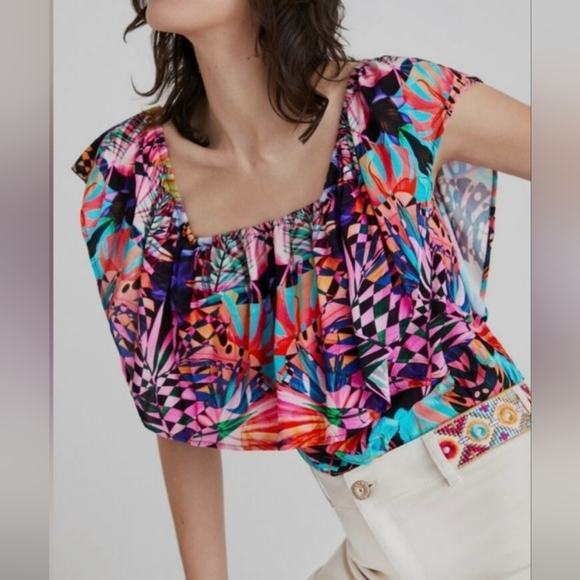 Desigual Tops - NWT Desigual Multicolor Abstract Boatneck Geomatric Bodysuit Size M
